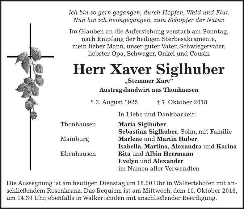 Traueranzeige Xaver Siglhuber