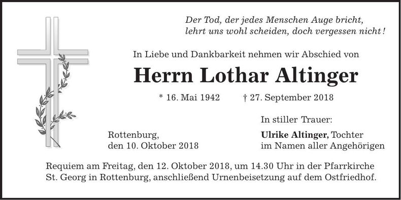 Traueranzeige Lothar Altinger
