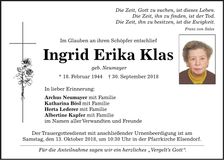 Traueranzeige Ingrid Klas