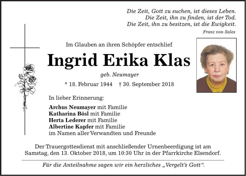 Traueranzeige Ingrid Klas