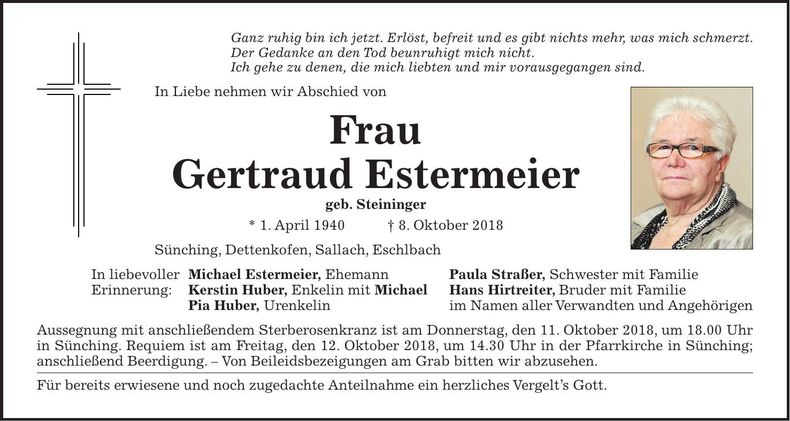 Traueranzeige Gertraud Estermeier