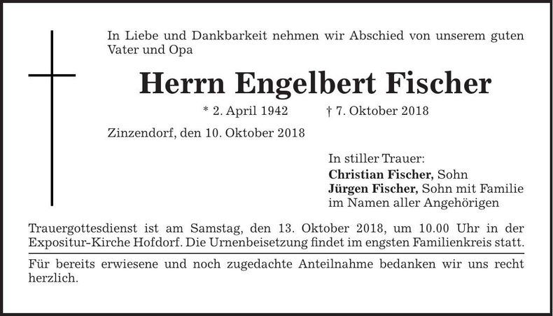Traueranzeige Engelbert Fischer