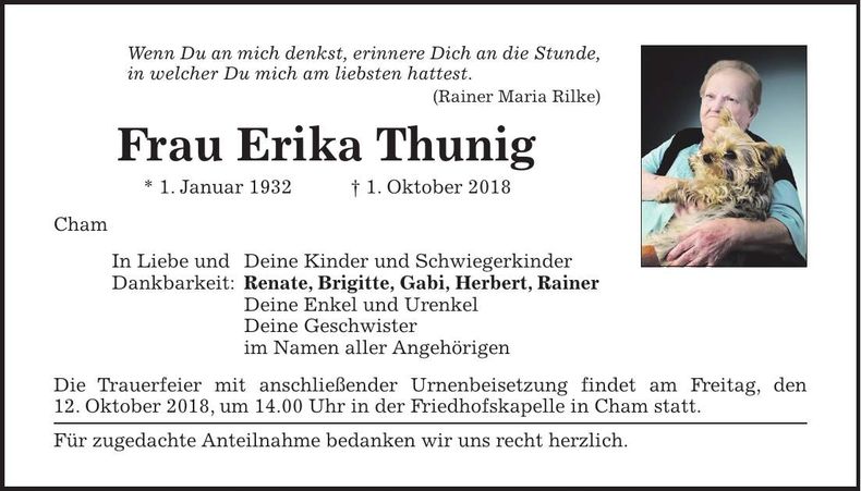 Traueranzeige Erika Thunig