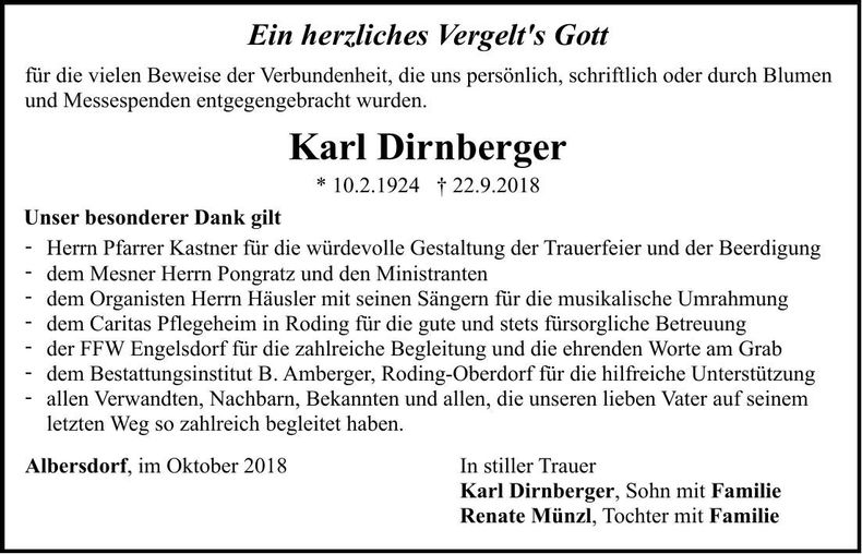 Traueranzeige Karl Dirnberger