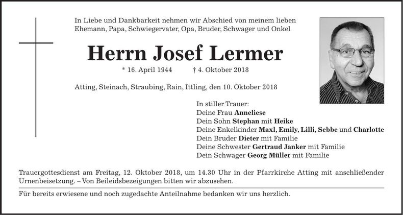 Traueranzeige Josef Lermer