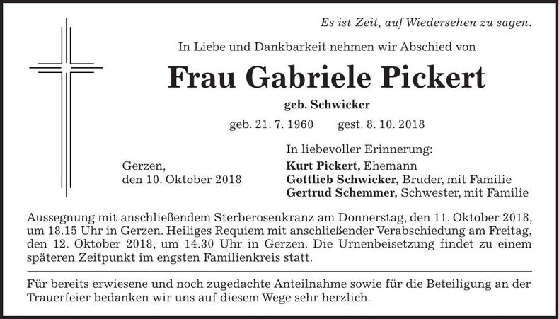 Traueranzeige Gabriele Pickert