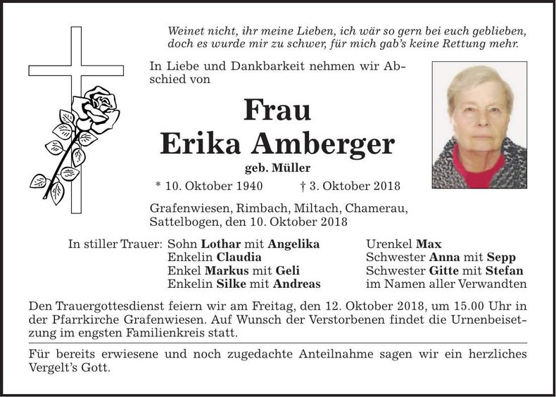 Traueranzeige Erika Amberger