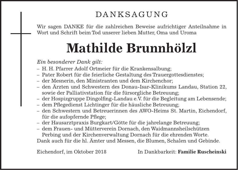 Traueranzeige Mathilde Brunnhölzl