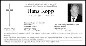 Traueranzeige Hans Kopp
