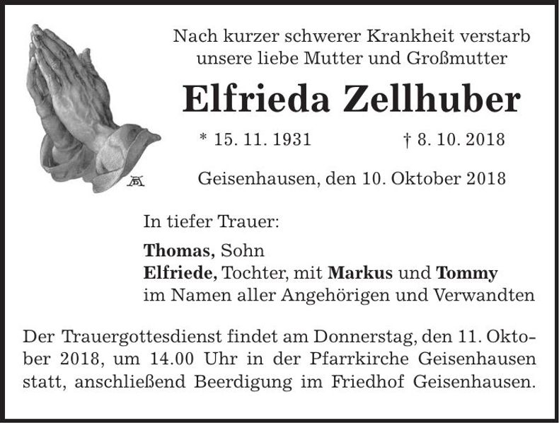 Traueranzeige Elfrieda Zellhuber