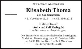 Traueranzeige Elisabeth Thoma