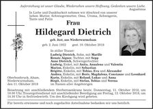 Traueranzeige Hildegard Dietrich