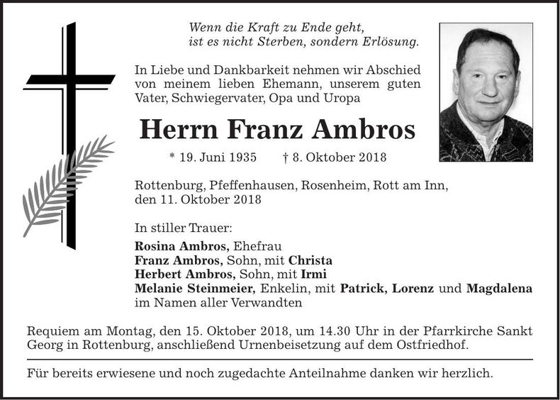 Traueranzeige Franz Ambros
