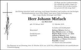 Traueranzeige Johann Mirlach