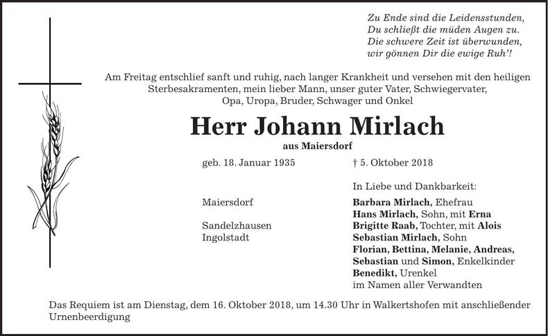 Traueranzeige Johann Mirlach