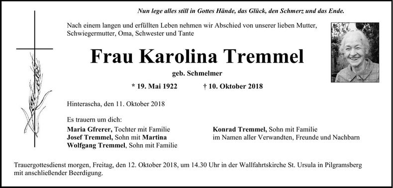 Traueranzeige Karolina Tremmel