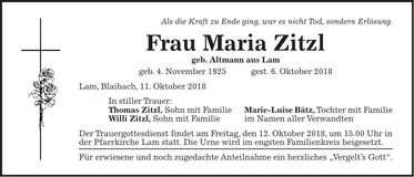 Traueranzeige Maria Zitzl