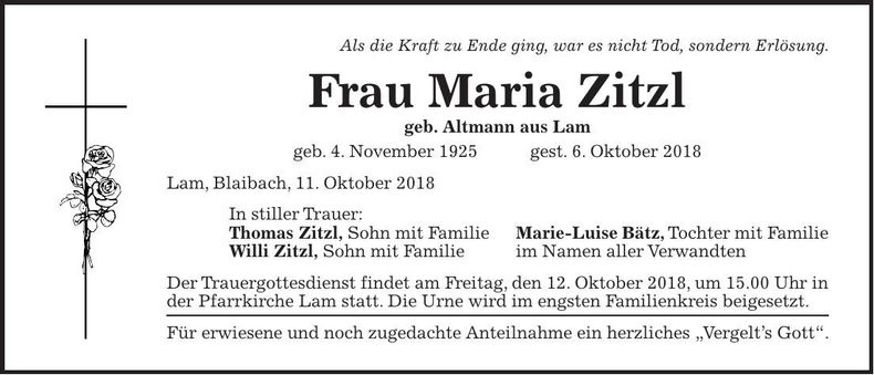 Traueranzeige Maria Zitzl