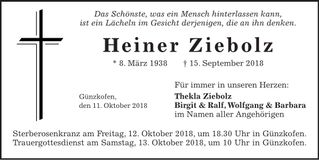 Traueranzeige Heiner Ziebolz