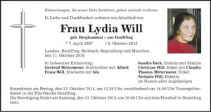 Traueranzeige Lydia Will