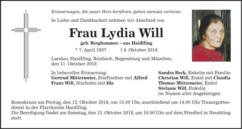 Traueranzeige Lydia Will