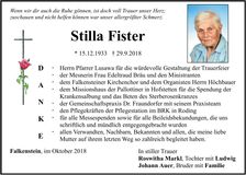 Traueranzeige Stilla Fister