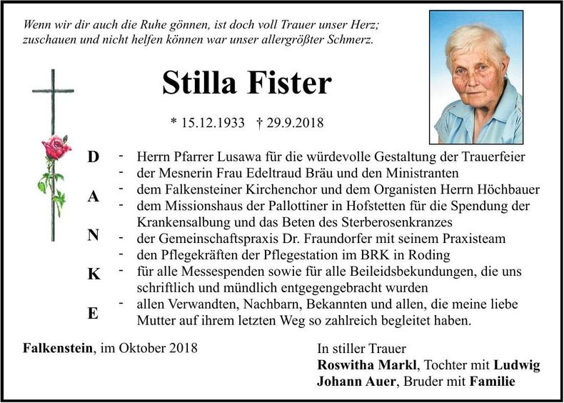 Traueranzeige Stilla Fister