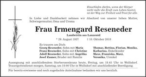 Traueranzeige Irmengard Reseneder