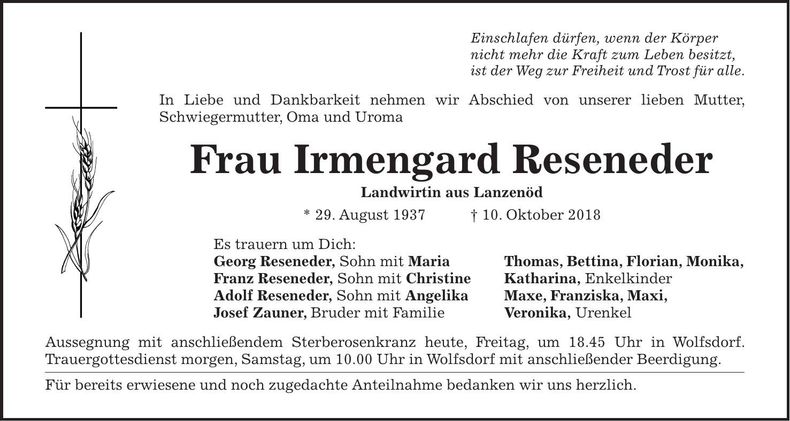 Traueranzeige Irmengard Reseneder