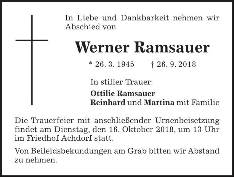 Traueranzeige Werner Ramsauer