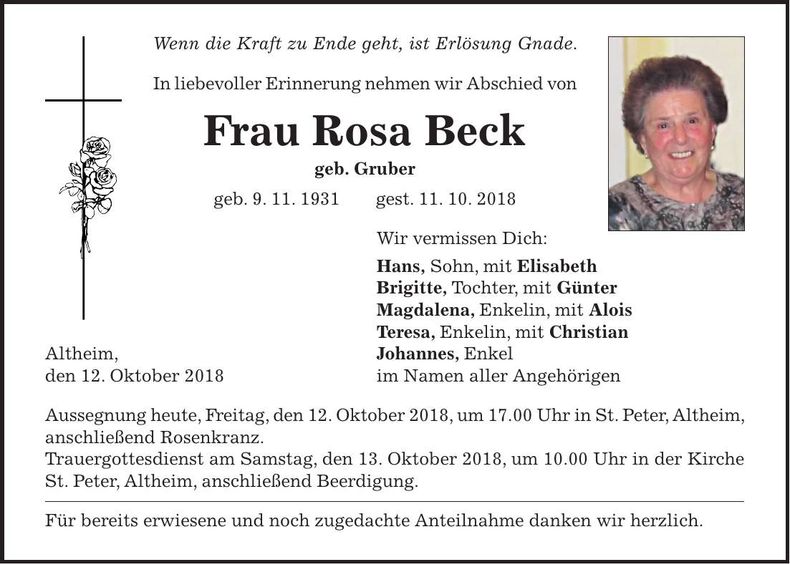 Traueranzeige Rosa Beck