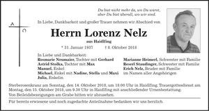 Traueranzeige Lorenz Nelz