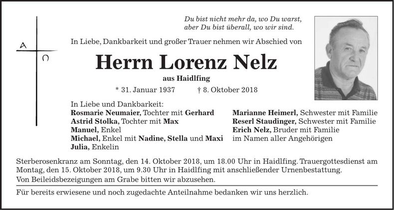 Traueranzeige Lorenz Nelz