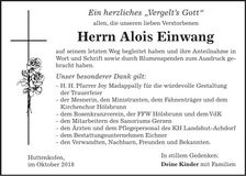 Traueranzeige Alois Einwang