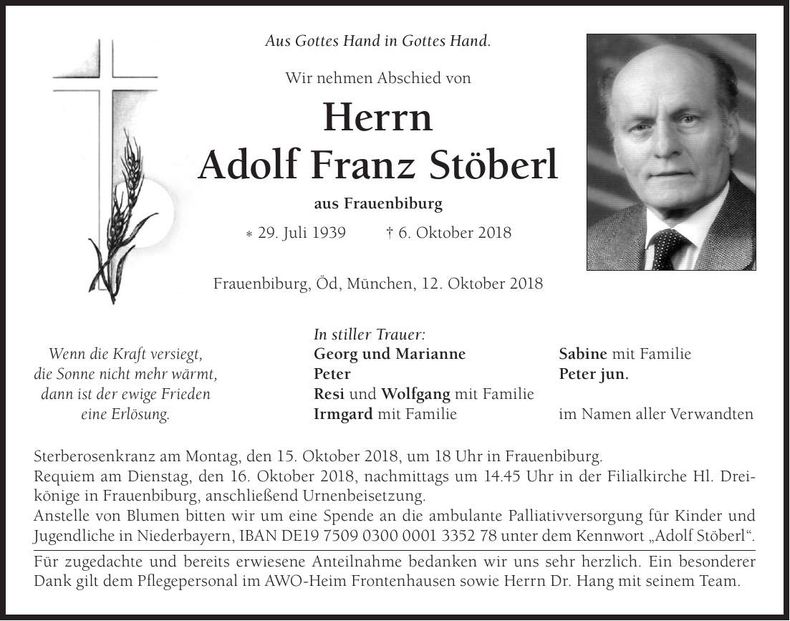 Traueranzeige Adolf Franz Stöberl