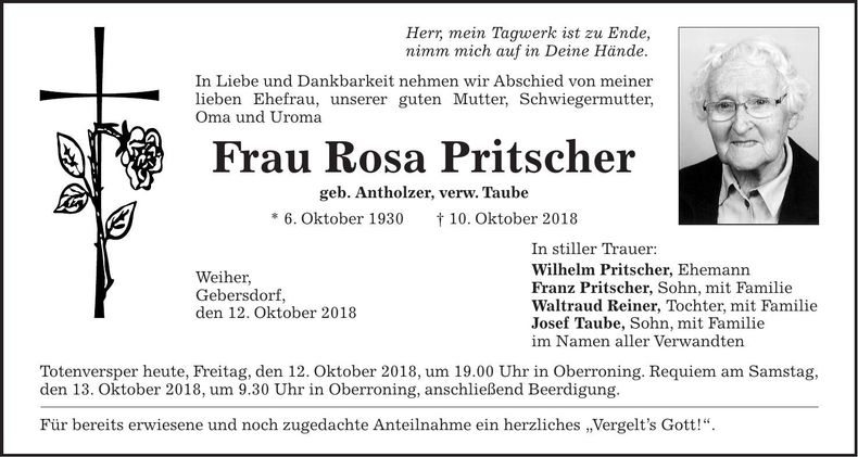Traueranzeige Rosa Pritscher