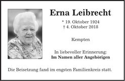 Traueranzeige Erna Leibrecht