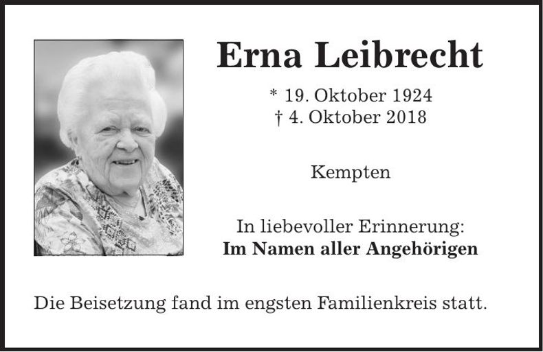 Traueranzeige Erna Leibrecht