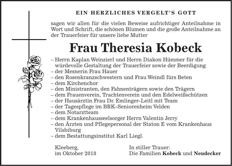 Traueranzeige Therese Kobeck