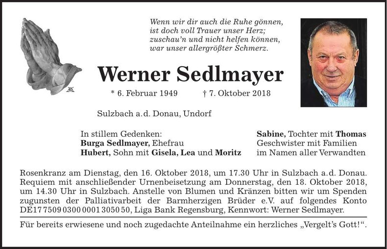 Traueranzeige Werner Sedlmayer