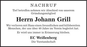 Traueranzeige Johann Grill
