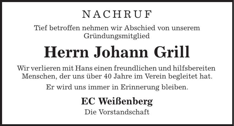Traueranzeige Johann Grill