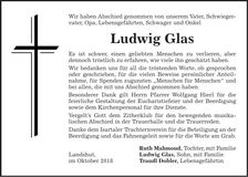 Traueranzeige Ludwig Glas