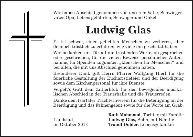 Traueranzeige Ludwig Glas