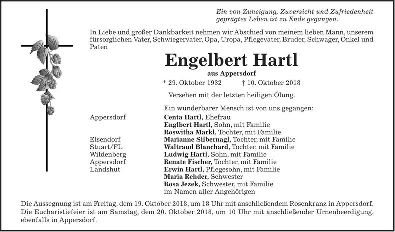 Traueranzeige Engelbert Hartl