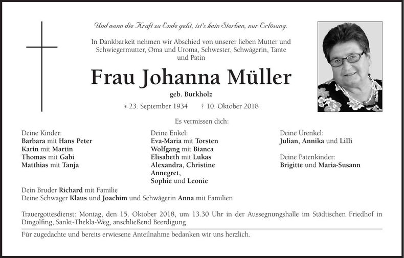 Traueranzeige Johanna Müller