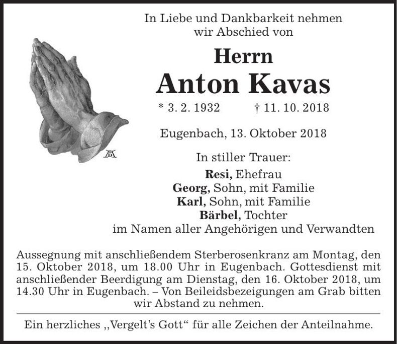 Traueranzeige Anton Kavas