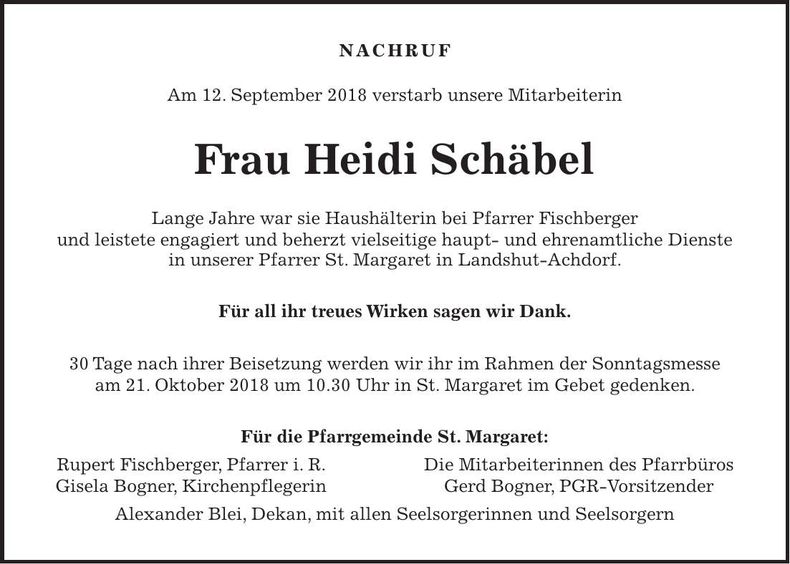 Traueranzeige Heidi Schäbel