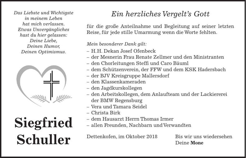 Traueranzeige Siegfried Schuller