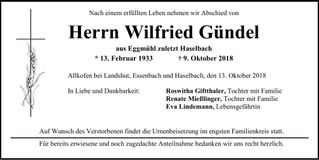 Traueranzeige Wilfried Gündel